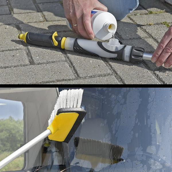 Brosse de lavage avec essuie-glace et distributeur de savon et manche télescopique 92 - 150 cm