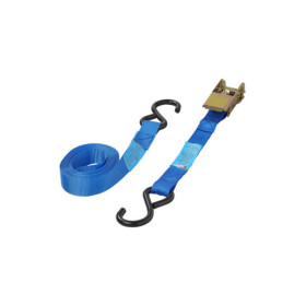 Sangle d'arrimage bleu avec tendeur à cliquet + 2 crochets 5 mètres