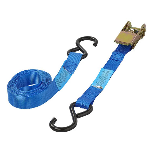 Sangle d'arrimage bleu avec tendeur à cliquet + 2 crochets 5 mètres