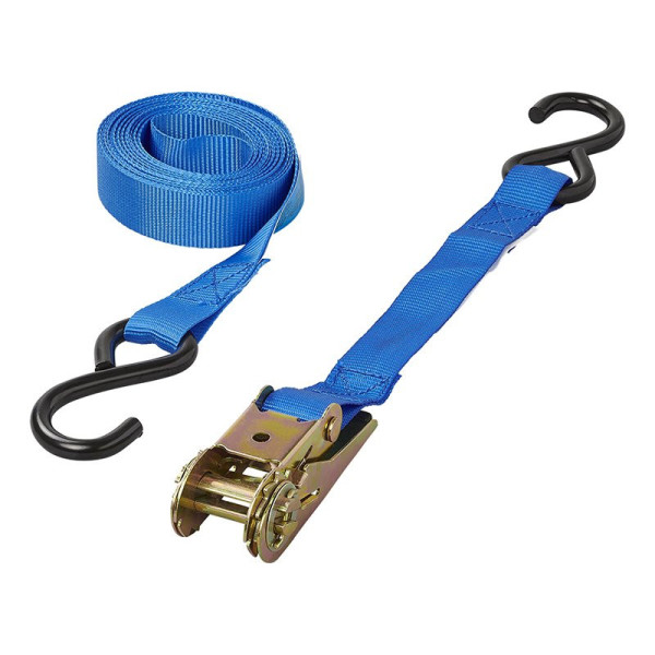 Sangle d'arrimage bleu avec tendeur à cliquet + 2 crochets 5 mètres