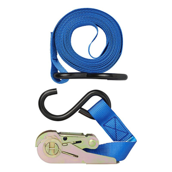 Sangle d'arrimage bleu avec tendeur à cliquet + 2 crochets 5 mètres
