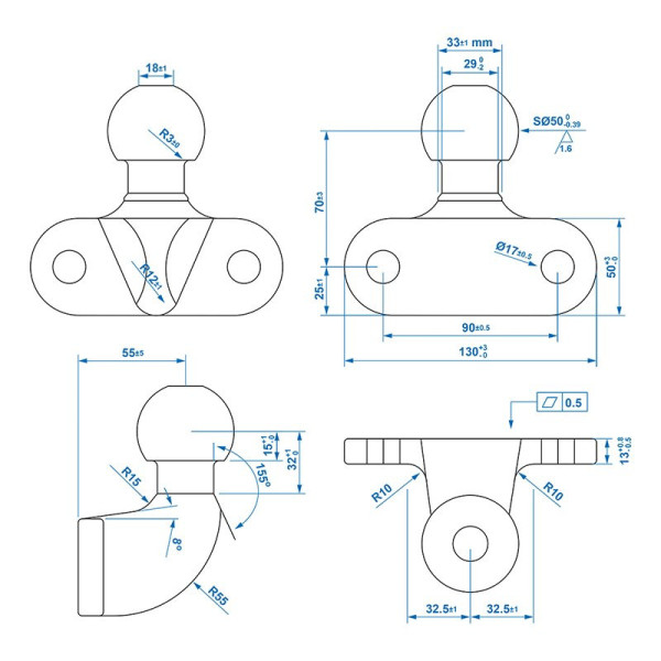 Boule d'attelage noir équerre D17,2/S350 Homologation du type E