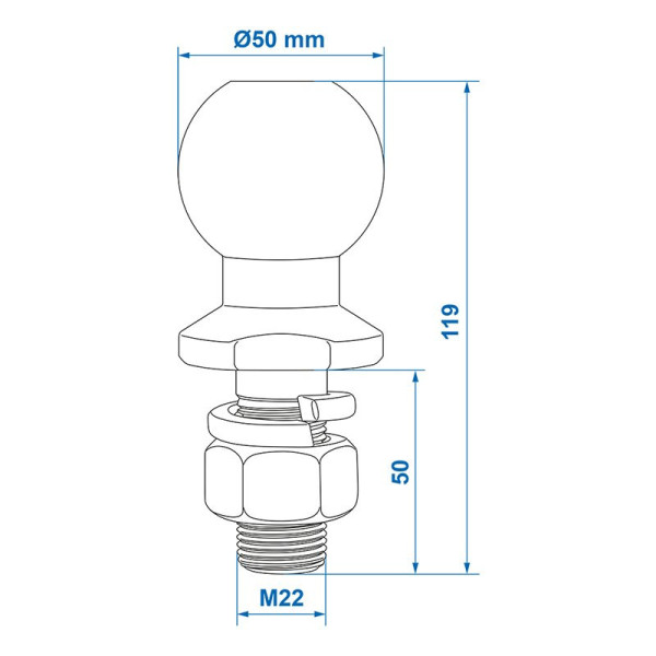 Boule d'attelage droite M22 x 50mm