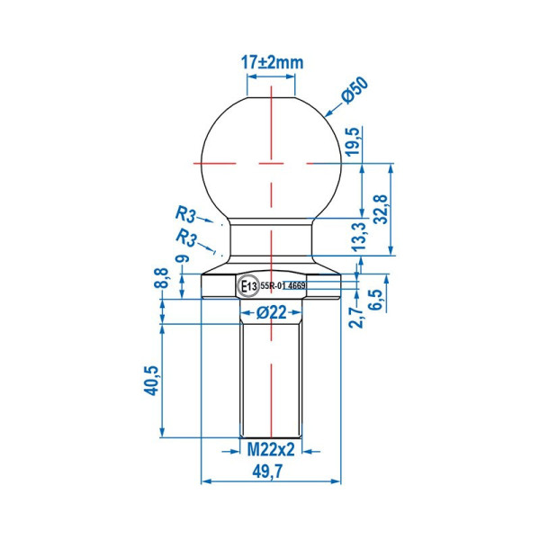 Boule d'attelage droite M22 x 50mm Homologation du type E