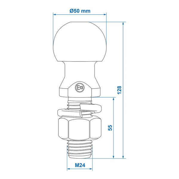 Boule d'attelage droite M24 x 55mm Homologation du type E