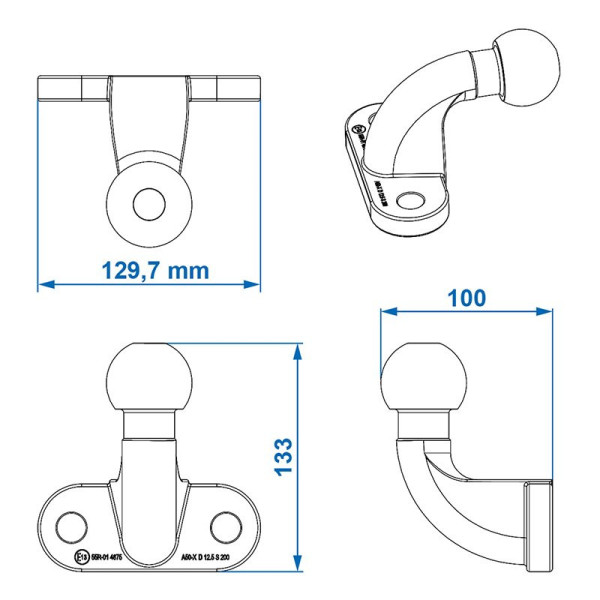 Boule d'attelage argent équerre Homologation du type E