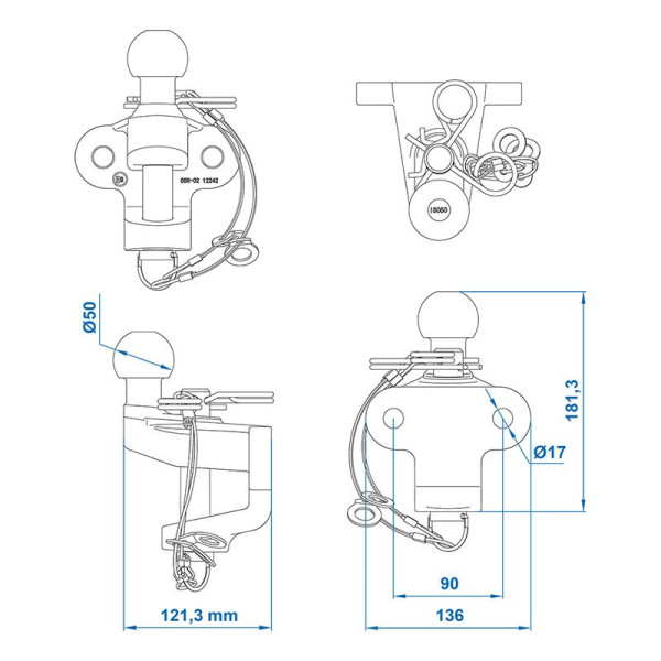 Boule d'attelage argent mixte double trous D17,2/S200 Homologation du type E