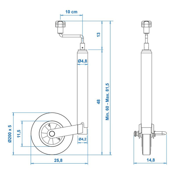 Roue jockey 48 mm jante plastique avec pneu caoutchouc 200 x 50 mm et fonction de freinage