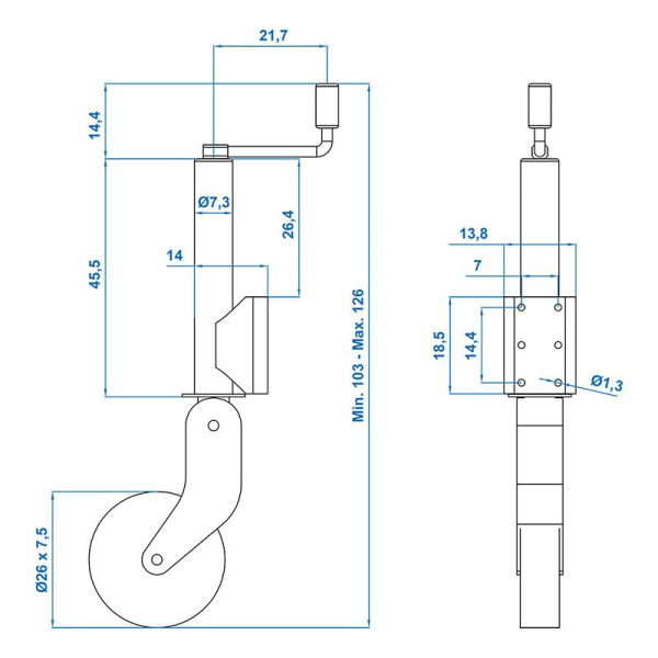 Roue jockey 73 mm jante métal avec pneu caoutchouc 260 x 65 mm pliable 800 kg