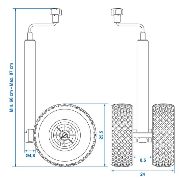Roue jockey double 48 mm 2x jante plastique avec pneu d'aire 260 x 85 mm