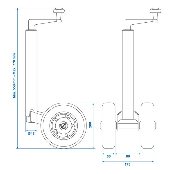 Roue jockey double 48 mm avec pneus en caoutchouc naturel solide 200 x 50 mm