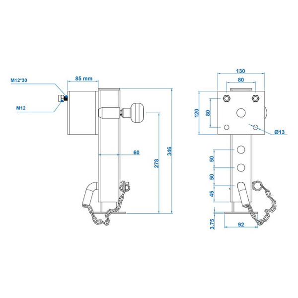 Pied de support de remorque 60x60 mm pivotant TL60 D85 SW19 345-445 mm 1300 kg