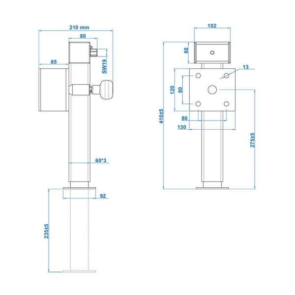 Pied de support de remorque 60x60 mm pivotant SF60 D42 SW19 410-655 mm 1300kg