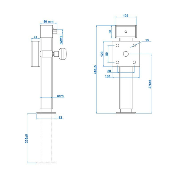Pied de support de remorque 60x60 mm pivotant SF60 D85 SW19 410-655 mm 1300kg