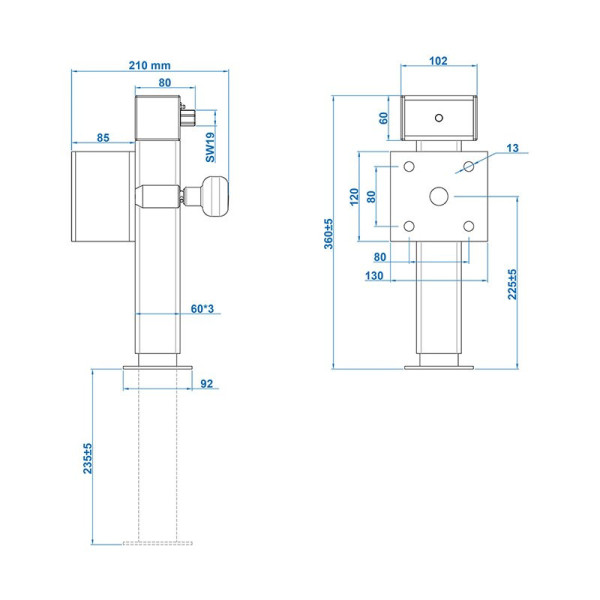 Pied de support de remorque 60x60 mm pivotant SF60 D85 SW19 360-595 mm 1350 kg