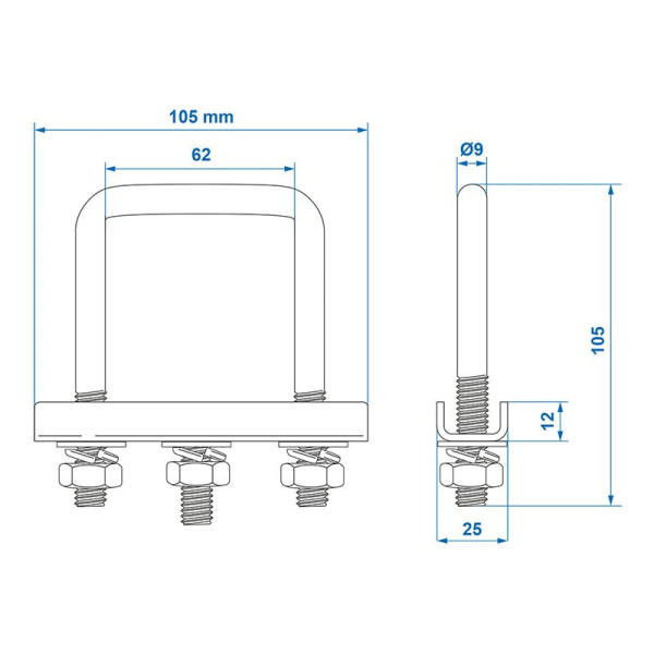 Etrier de fixation en U carré 60mm pour collier roue jockey - jeu de 2 pièces