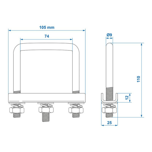 Etrier de fixation en U carré 70 mm pour collier roue jockey - jeu de 2 pièces