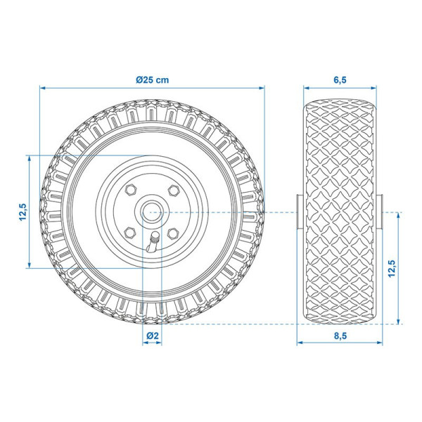 Roulette roue jockey jante métal avec pneu d'aire 260x85mm