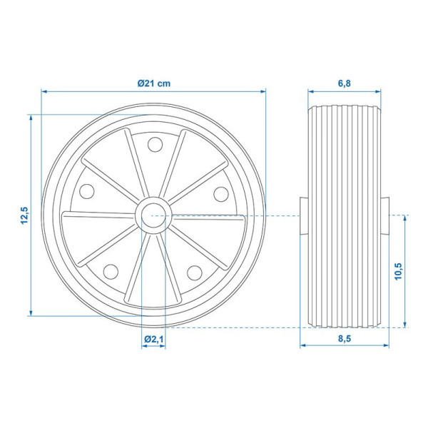 Roulette roue jockey jante plastique avec pneu caoutchouc 220x70mm