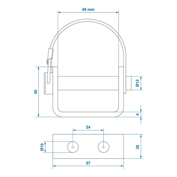 Support de charnière de hayon 71 mm / Diam.12 mm avec goupille et clip de sécurité
