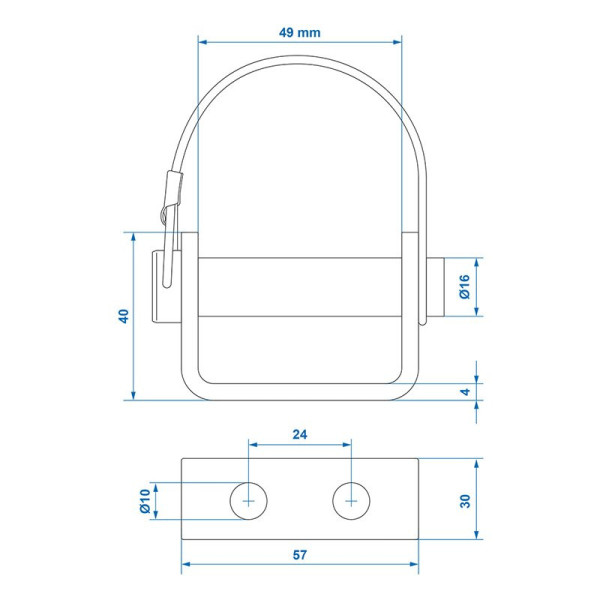 Support de charnière de hayon 71 mm / Diam.16 mm avec goupille et clip de sécurité