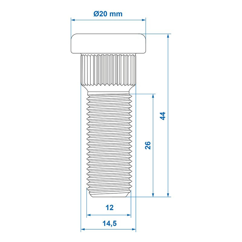 Boulon de roue M12x1,5 moleté 14,5 mm