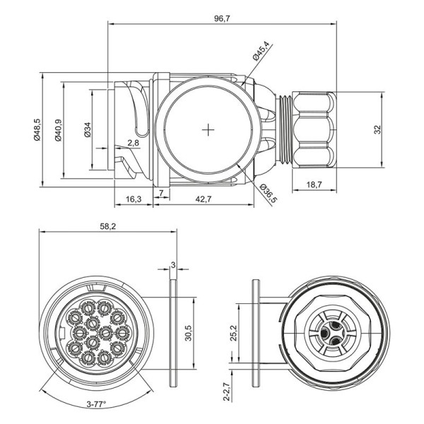 Fiche 13-pôles court PVC type Jaeger 9,6 cm