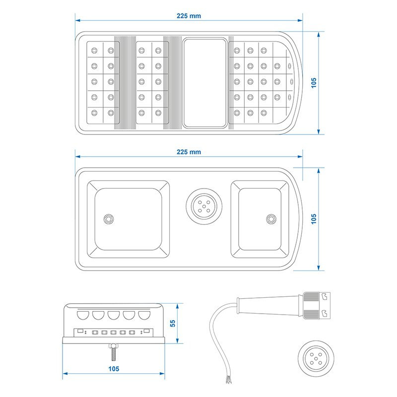 Feu arrière 5 fonctions 225x105mm 43LED droite