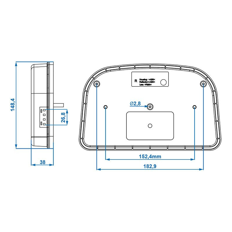 Feu arrière 6 fonctions 240x150mm LED droite