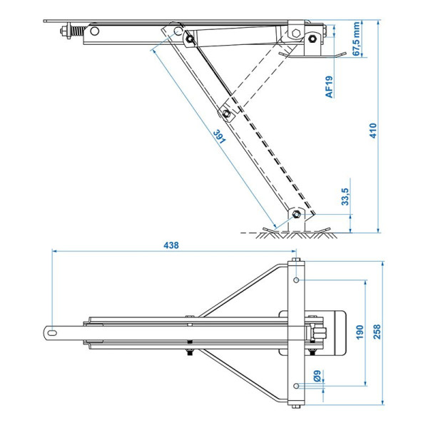 Vérin stabilisateur compact avec pied inclinable 500kg 438x265mm H:410mm