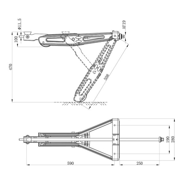 Vérin stabilisateur 1000kg 605x280mm H:470mm incl. mécanisme de nivellement étendu