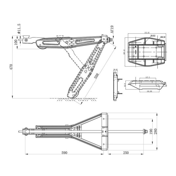 Vérin stabilisateur 1000kg 605x280mm H:470mm + pied stabilisateur + mécanisme de nivellement étendu