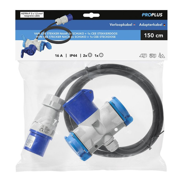 Câble adaptateur 150cm 3x1,5mm² fiche CEE vers prise 2xSchuko + 1xCEE