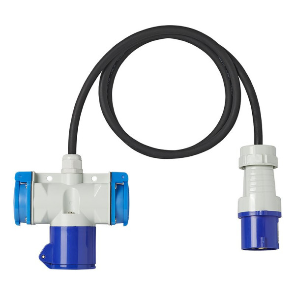 Câble adaptateur 150cm 3x2,5mm² fiche CEE vers prise 2xSchuko + 1xCEE