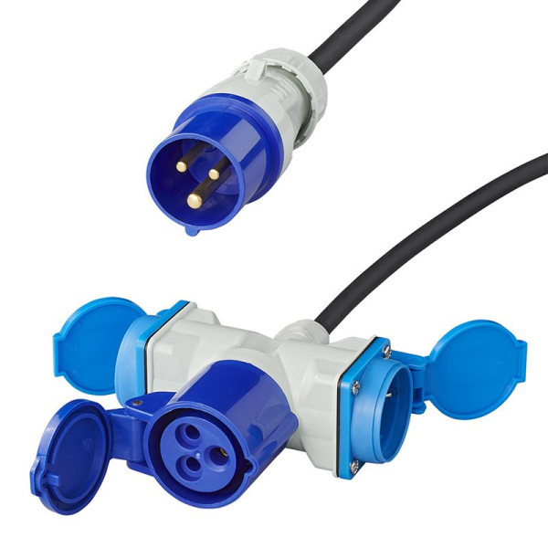 Câble adaptateur 150cm 3x2,5mm² fiche CEE vers prise 2xSchuko + 1xCEE