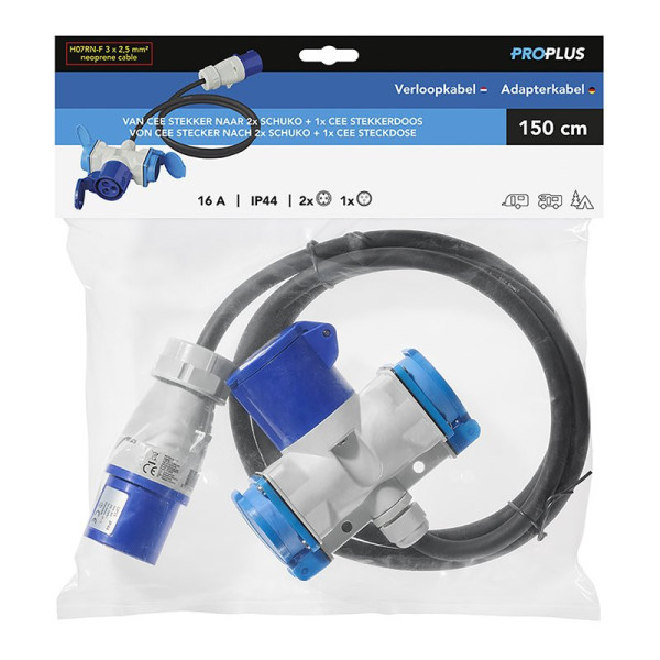 Câble adaptateur 150cm 3x2,5mm² fiche CEE vers prise 2xSchuko + 1xCEE