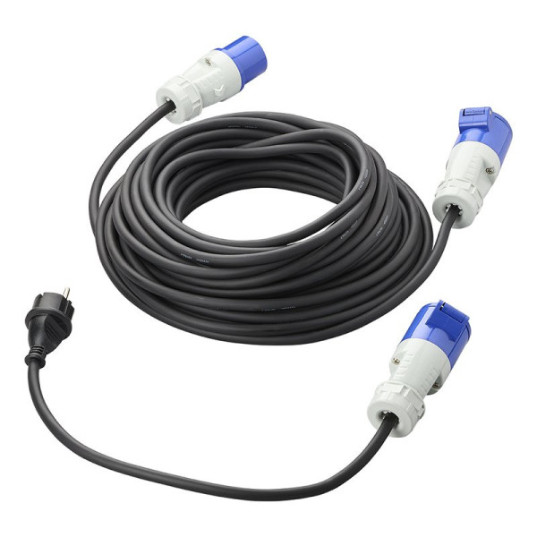 Kit CEE : câble d'extension 20M 3x2,5mm + câble adaptateur 40cm prise Schuko à CEE dans sac