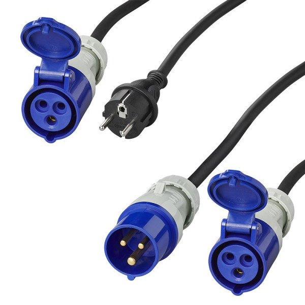 Kit CEE : câble d'extension 20M 3x2,5mm + câble adaptateur 40cm prise Schuko à CEE dans sac