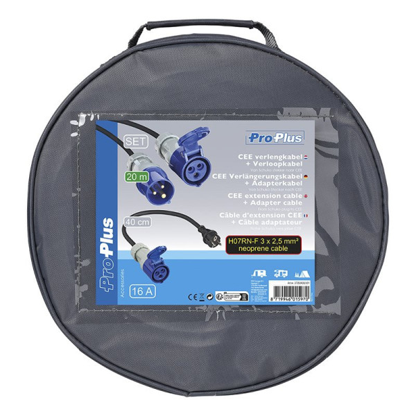 Kit CEE : câble d'extension 20M 3x2,5mm + câble adaptateur 40cm prise Schuko à CEE dans sac
