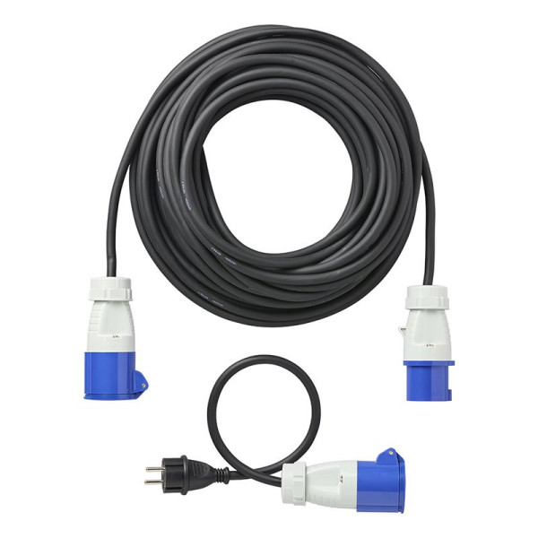 Kit CEE : câble d'extension 20M 3x1,5mm + câble adaptateur 40cm prise Schuko à CEE dans sac