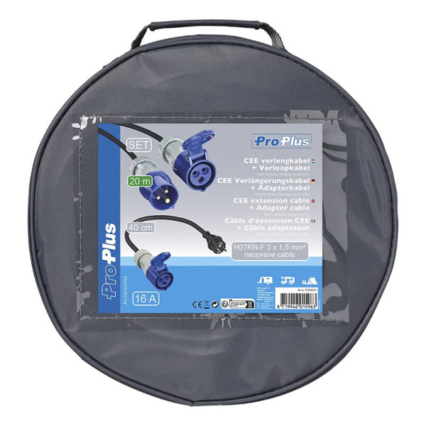 Kit CEE : câble d'extension 20M 3x1,5mm + câble adaptateur 40cm prise Schuko à CEE dans sac