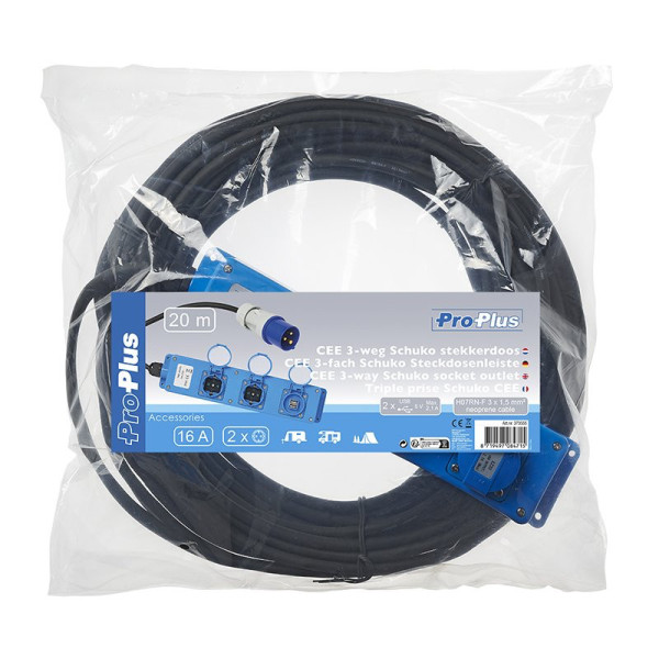 Triple prise (2xSchuko + 1x2-USB) 20M CEE 3x 1,5 mm²