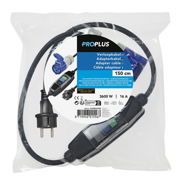Câble adaptateur 150cm 3x 2.5mm² Schuko vers CEE + disjoncteur différentiel