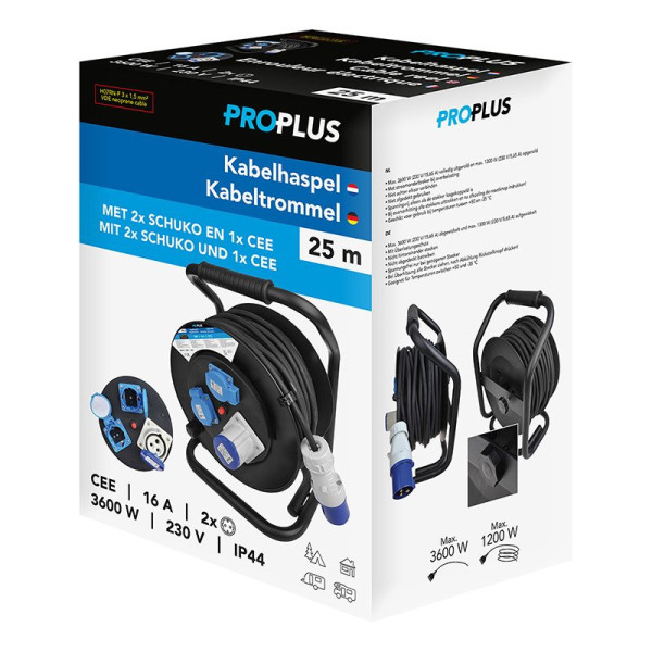 Enrouleur électrique CEE 25M 3x2,5mm² (2x Schuko + 1x CEE)
