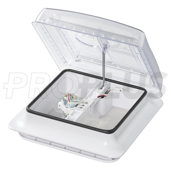 Lanterneau 280x280 mm sans ventilation permanente transparent avec ventilateur