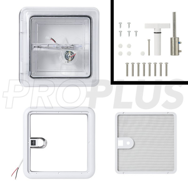 Lanterneau 280x280 mm sans ventilation permanente transparent avec ventilateur