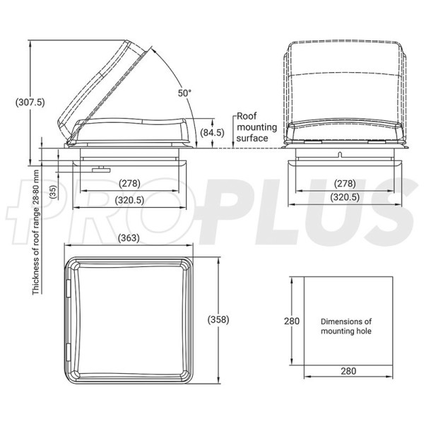 Lanterneau 280x280 mm sans ventilation permanente blanche avec ventilateur
