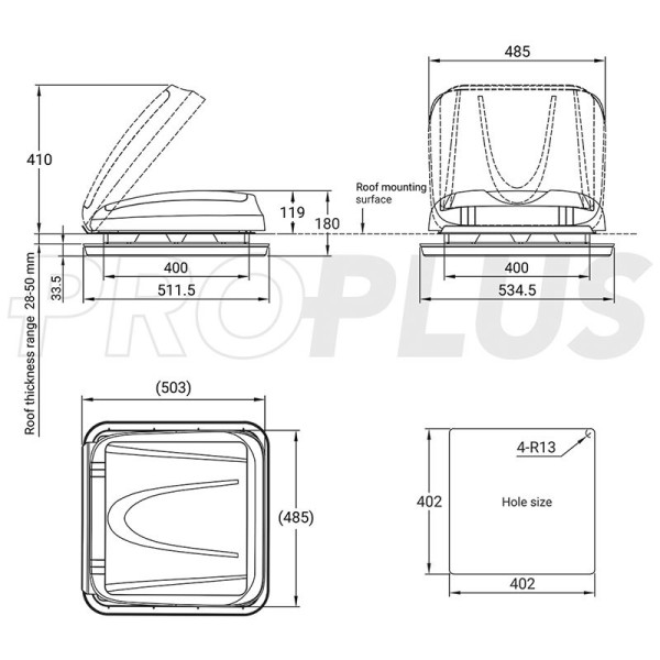 Lanterneau 400x400 mm sans ventilation permanente transparente avec led