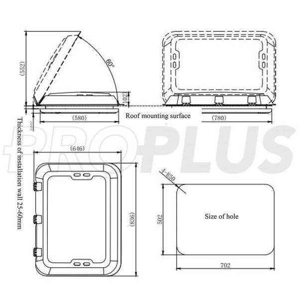 Lanterneau 700x500 mm sans ventilation permanente transparent led