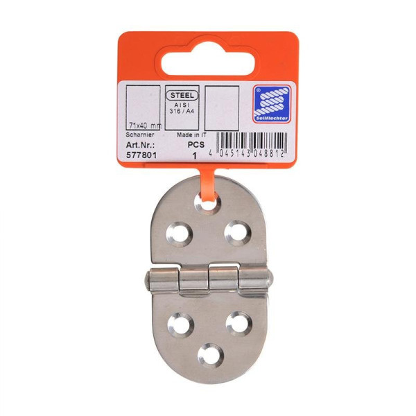 Charnière 71x40 mm, V4A RVS AISI 316, 6 trous